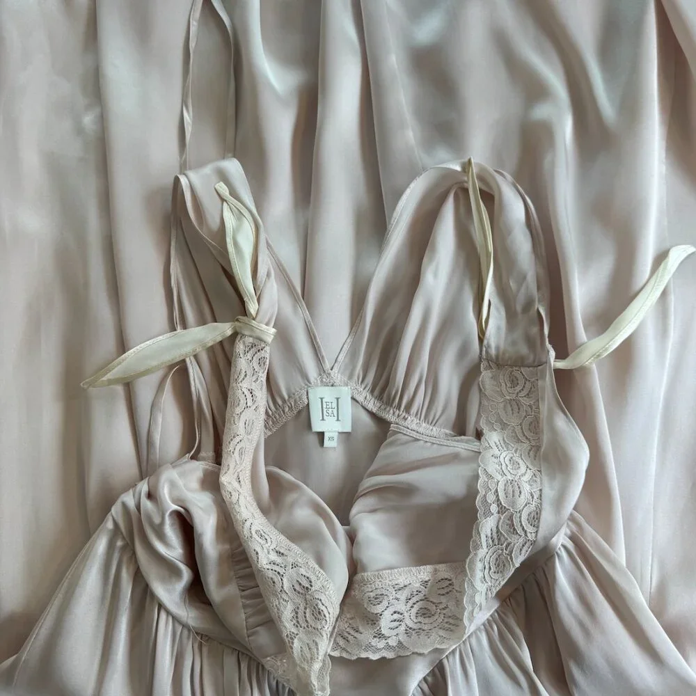 Helsa pink/beige maxi silk dress with cuet bowtie - Picture 3 of 6